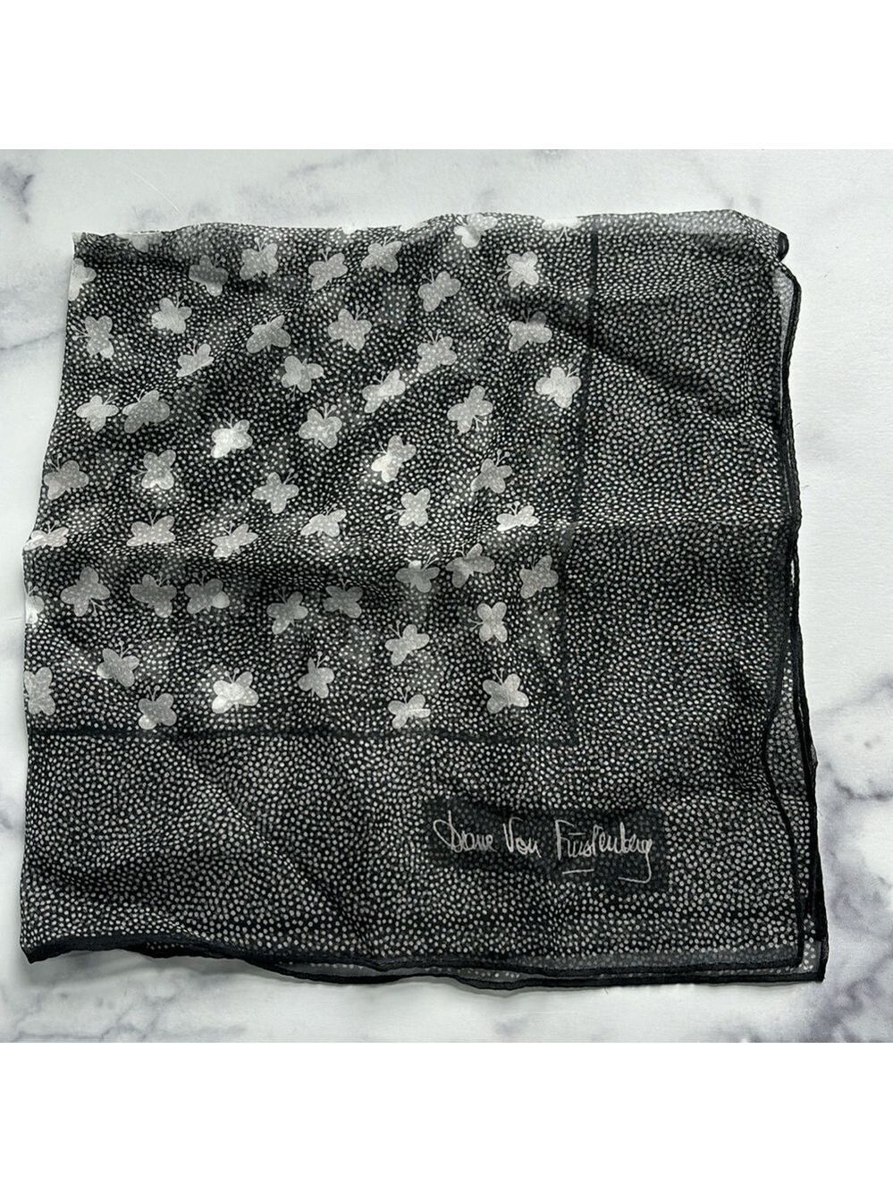 Vintage Diane Von Furstenberg Sheer Square Scarf Butterfly and Polka Dot Print